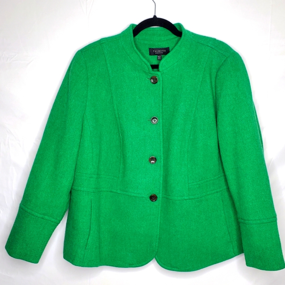 Talbots Woman Wool Blend Blazer Lined Green Belted Jacket Size 18WP